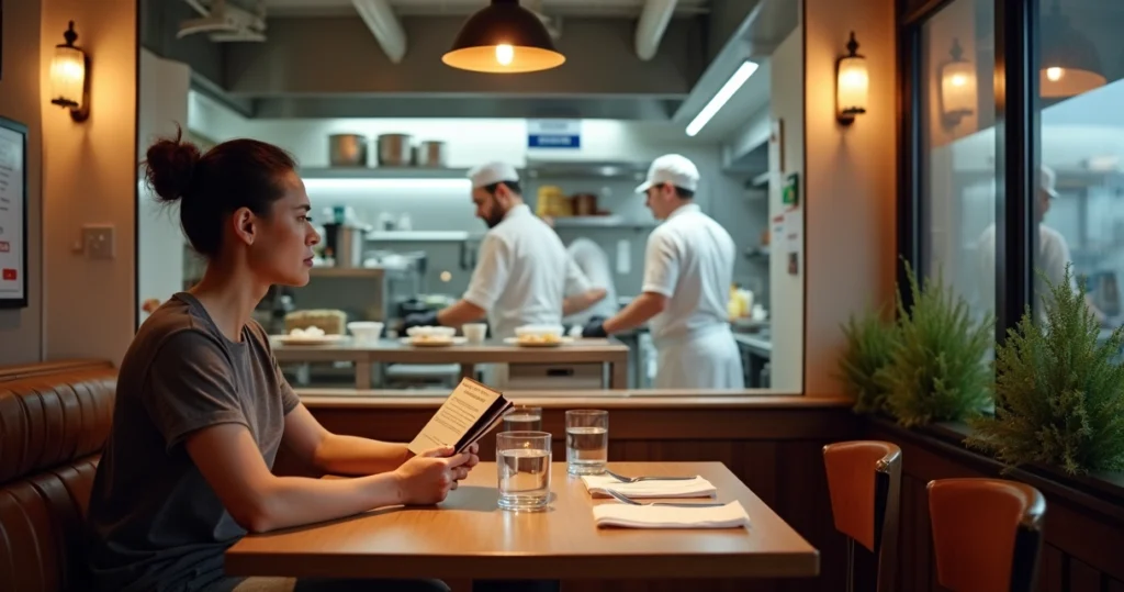 Cliente observando cozinha aberta organizada em restaurante limpo