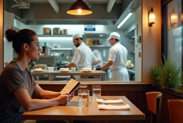 Cliente observando cozinha aberta organizada em restaurante limpo