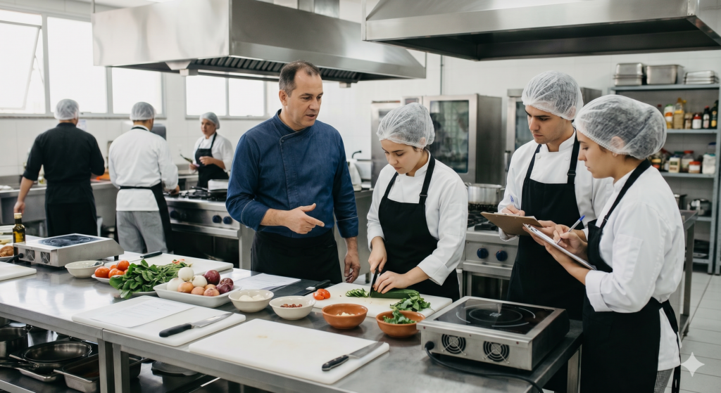 Equipe de cozinha em treinamento de boas práticas de higiene