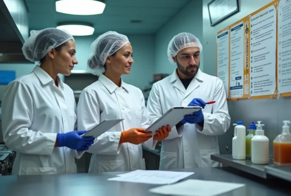 Equipe em cozinha industrial analisando POPs e checklist sanitário
