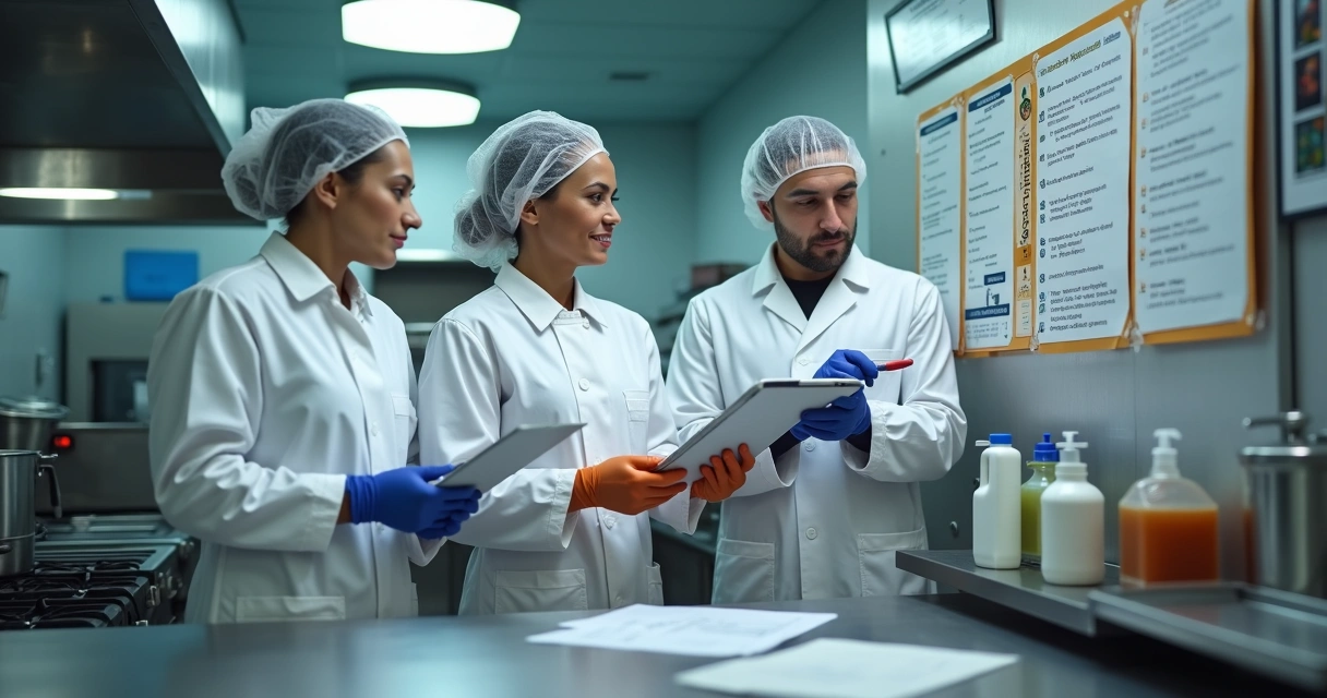 Equipe em cozinha industrial analisando POPs e checklist sanitário