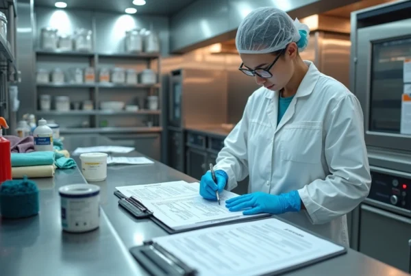 Funcionário preenchendo checklist de POP em bancada de cozinha industrial