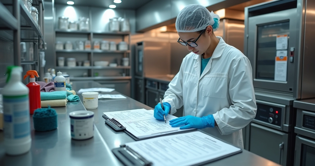 Funcionário preenchendo checklist de POP em bancada de cozinha industrial
