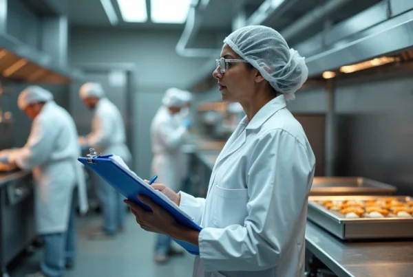 Responsável técnico segurando prancheta em frente a grande cozinha industrial
