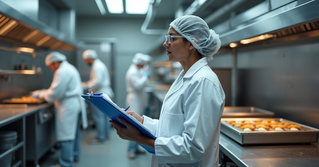 Responsável técnico segurando prancheta em frente a grande cozinha industrial