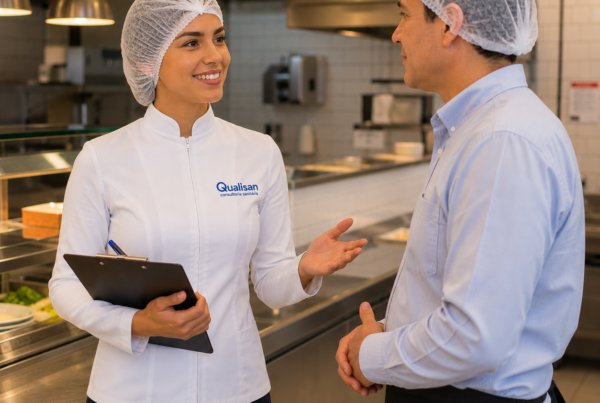 Fiscal sanitário analisando fachada de restaurante com selo de certificação