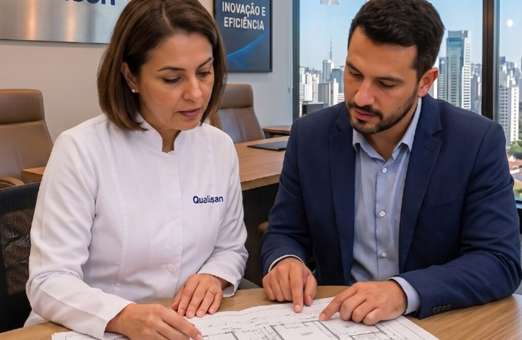 Consultora Qualisan e cliente analisando a planta de um projeto